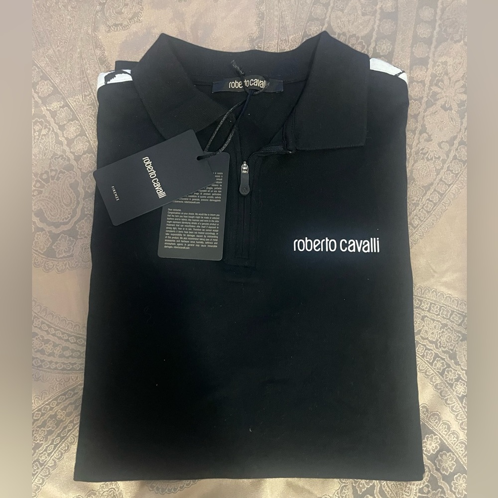 ROBERTO CAVALLI EMBROIDERED LOGO BLACK POLO SZ XL
